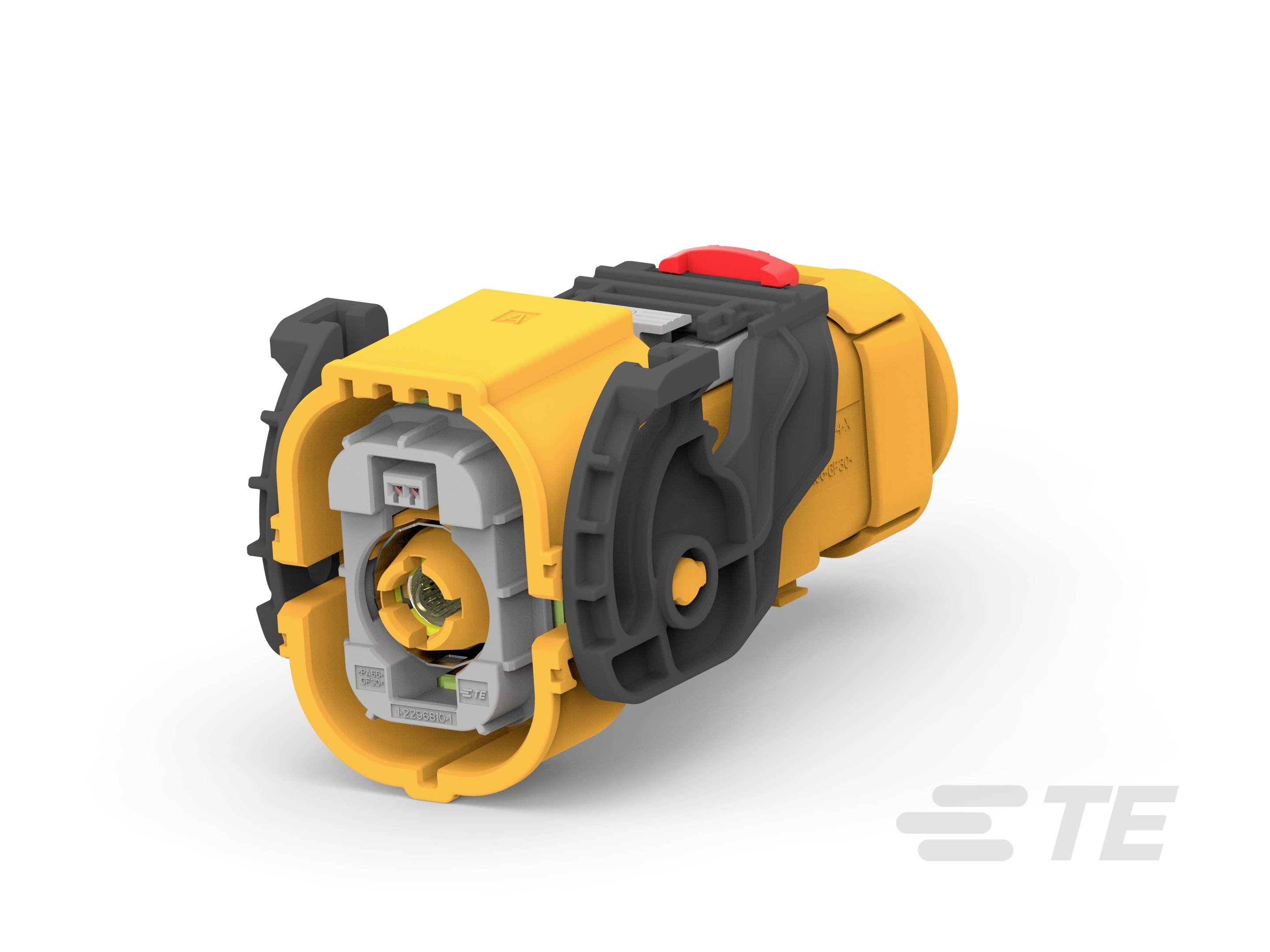 Plastikowe złącze w kolorach żółtym i czarnym z czerwonym przyciskiem. Widziany z boku, ukazuje szczegóły budowy i techniki połączenia.