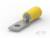 Żółty elektryczny pierścieniowy kabel końcówkowy z metalowym zapięciem, stosowany do łączenia przewodów w zastosowaniach elektrycznych.