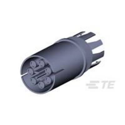 Szary, cylindryczny wtyk z kilkoma okrągłymi stykami. Jest stosowany do połączeń w urządzeniach elektronicznych.