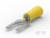 Żółty końcówka kablowa z końcówką widełkową, odpowiednia do połączeń elektrycznych. Zapewnia mocne mocowanie i bezpieczne przewodzenie prądu.