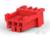 Czerwony obiekt z klocków, przypominający stylizowaną głowę zwierzęcia, z prostokątnymi wycięciami. Zabawka lub element do majsterkowania.