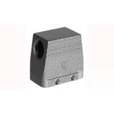 Metalowy element mocujący, prawdopodobnie obudowa lub pokrywa, z otworem z boku i dwoma śrubami przy dolnej krawędzi.
