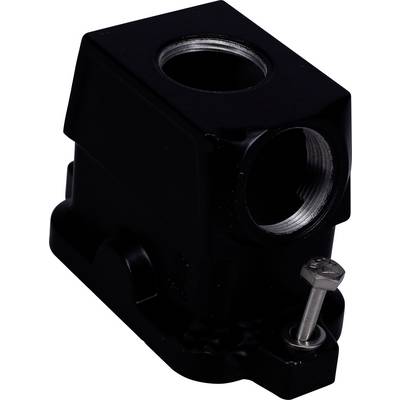 Czarny metalowy element z dwoma otworami kołowymi i srebrnym śrubą z boku, stosowany w zastosowaniach przemysłowych lub mechanicznych.