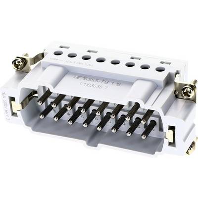 Biały wielostykowy złącze elektryczne z metalowymi stykami, oznaczone napisem "HE-16 516-TB 7.16". Stosowany w zastosowaniach przemysłowych.