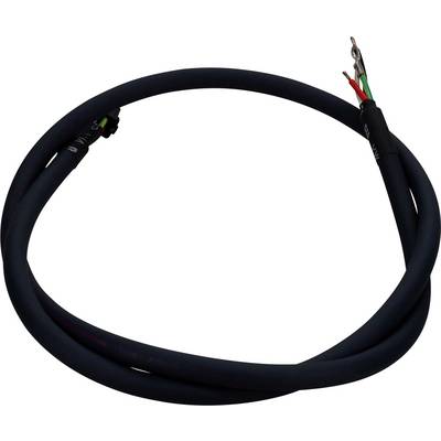 Skręcony czarny przewód z odsłoniętymi końcówkami, ukazujący trzy przewody w różnych kolorach: czerwonym, zielonym i czarnym.