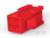 Czerwony element wtykowy z czterema kwadratowymi otworami, widziany z boku, na białym tle. Części zabawek lub elementów technicznych.