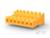 Żółty plastikowy element budowlany z wieloma gniazdkami, prawdopodobnie część systemu modułowego. Tło jest białe.