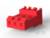 Czerwony klocek Lego z sześcioma wypustkami, sfotografowany z perspektywy z góry, na białym tle.