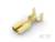Złoty metalowy złącz w kształcie wtyczki, leżący na białym tle. Prosta struktura, przeznaczona do połączeń elektrycznych.