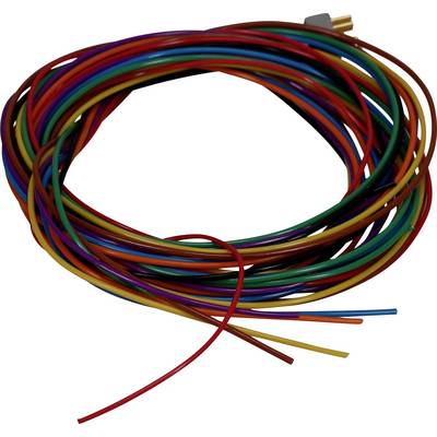Zwój wielokolorowych przewodów elektrycznych, w tym czerwonych, pomarańczowych i niebieskich, używanych do łączenia elementów elektronicznych.