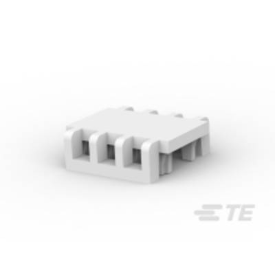Biały klocek LEGO z czterema guzkami w jednym rzędzie, leżący na powierzchni stołu.