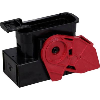 Czarno-czerwony plastikowy element, prawdopodobnie część mechaniczna z czerwoną obrotową rączką z boku.