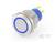 Okrągły przycisk naciskowy z niebieskim pierścieniem LED, dwoma stykami przyłączeniowymi i obudową metalową, odpowiedni do urządzeń elektronicznych.