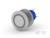 Metalowy przełącznik z okrągłym przyciskiem i dwoma złączami, rozpoznawalny po srebrnej obudowie i niebieskiej podstawie. Odpowiedni do urządzeń elektronicznych.