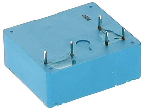 Prostokątny, niebieski element elektroniczny z czterema metalowymi stykami po jednej stronie, prawdopodobnie używany do połączeń w obwodach elektronicznych.