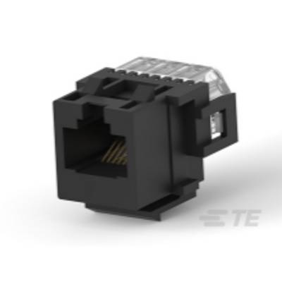 Czarny wtyk sieciowy RJ45 do kabli Ethernet, widziany z boku. Posiada osiem złotych styków do podłączenia.