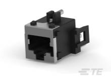 Czarny złącze RJ45 Ethernet, odpowiednie do połączeń sieciowych. Prostokątny kształt z ośmioma stykami wewnątrz.