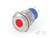 Okrągły przycisk naciskowy z czerwoną częścią środkową i niebieską obudową z tworzywa sztucznego, otoczony metalem. Trzy trzpienie przyłączeniowe z tyłu.