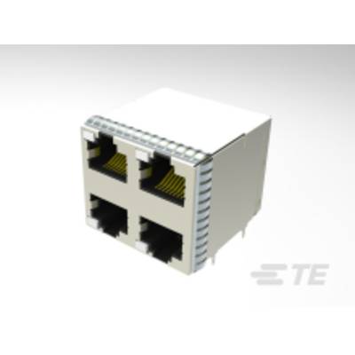 Ilustracja podwójnego złącza RJ45 z dwoma gniazdami Ethernet, odpowiednimi do połączeń sieciowych.