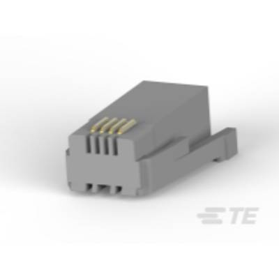 Zbliżenie szarej wtyczki RJ45 używanej do połączeń Ethernetowych. Po lewej stronie widoczne cztery złote styki.