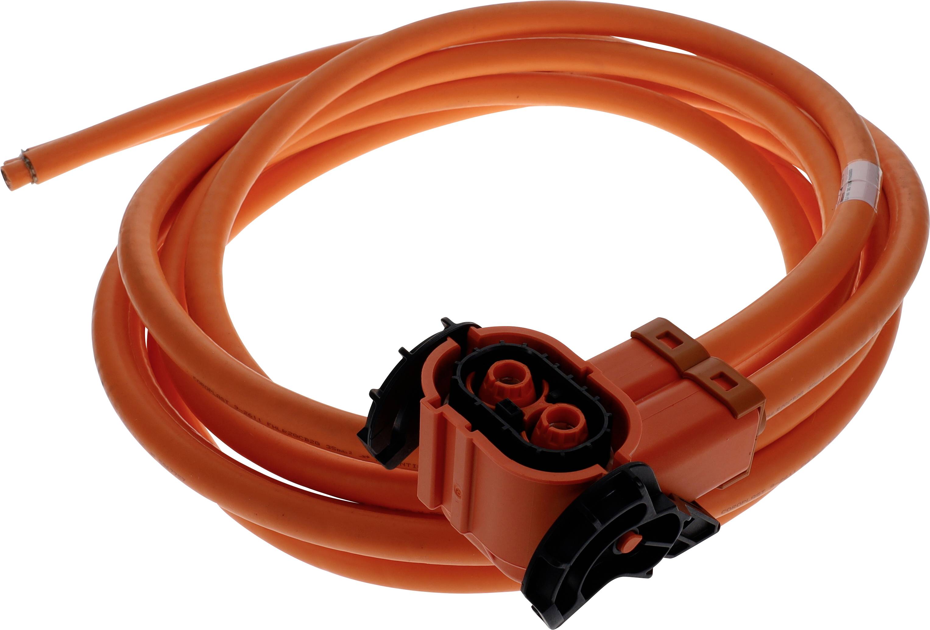 Pomarańczowy kabel elektryczny zwinięty w spiralę, z czarnym i pomarańczowym złączem na jednym końcu, stosowany zazwyczaj do połączeń wysokonapięciowych w pojazdach.