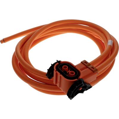 Pomarańczowy kabel elektryczny zwinięty w spiralę, z czarnym i pomarańczowym złączem na jednym końcu, stosowany zazwyczaj do połączeń wysokonapięciowych w pojazdach.