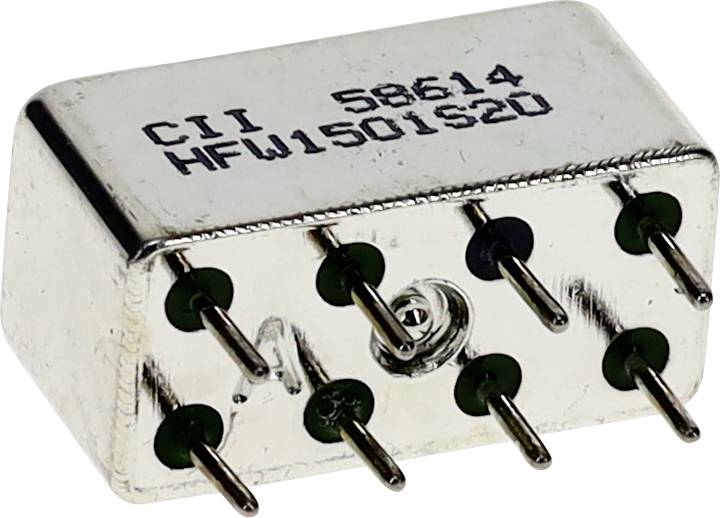 Mały, metalowy prostokątny element elektroniczny z wieloma pinami po jednej stronie, oznaczony etykietą 'CII HFW150152D 58614'.