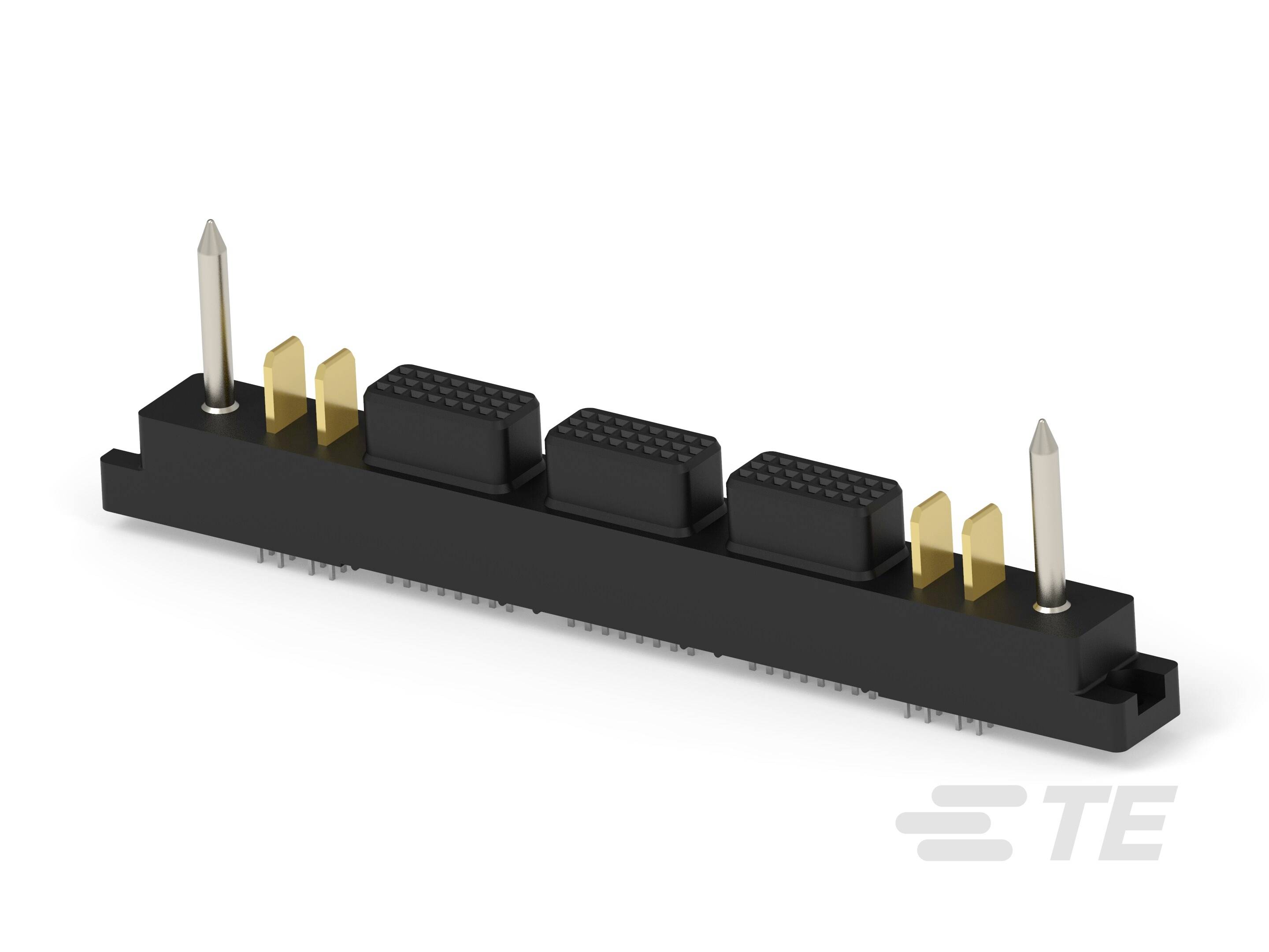 Czarny elektryczny złącz z wieloma złotymi stykami i dwoma wystającymi pinami na obu końcach.