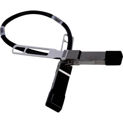 Kabel QSFP+ z metalowymi złączami na obu końcach, przeznaczony do transmisji danych o wysokiej prędkości w sprzęcie sieciowym.