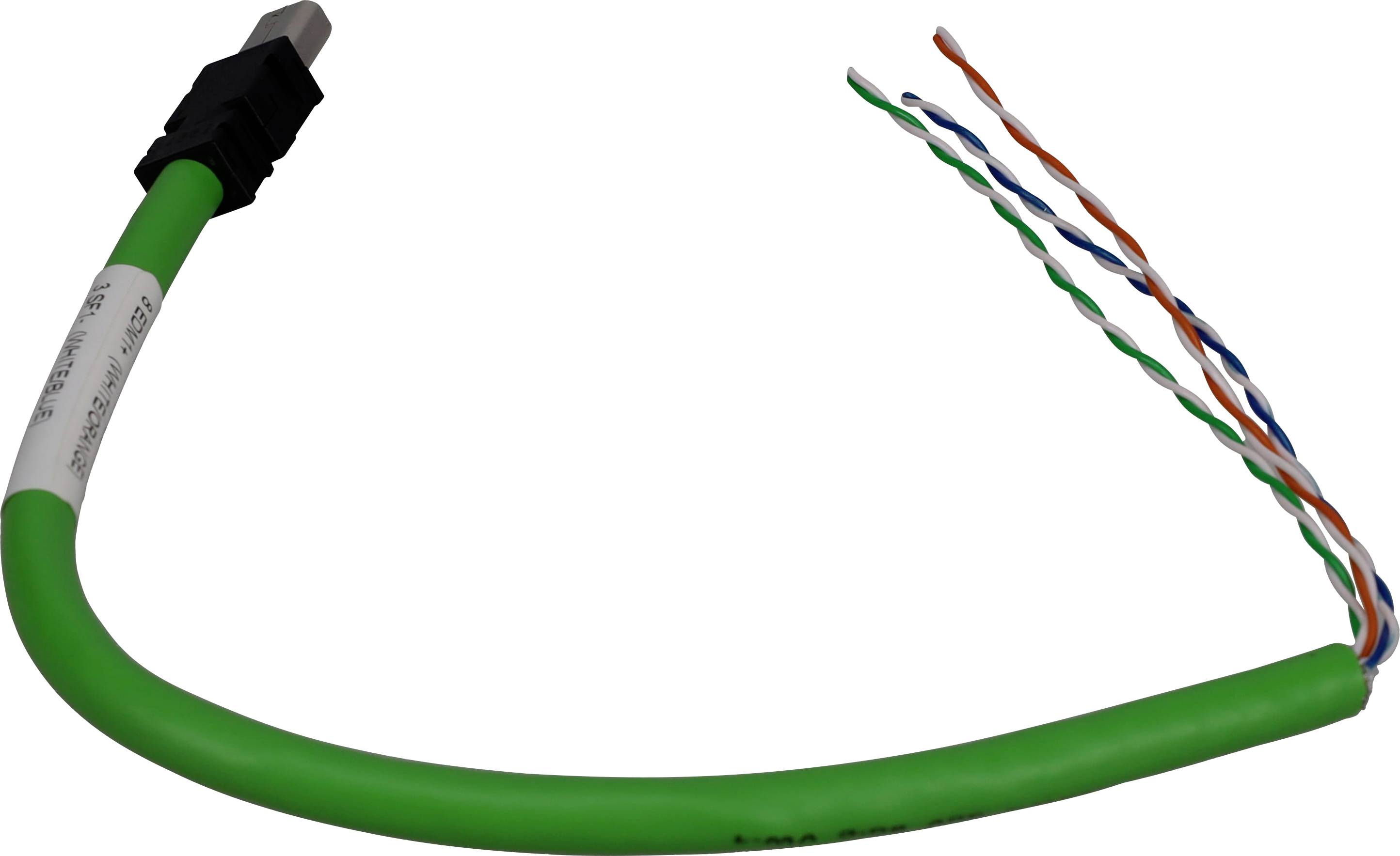 Zielony kabel z czarnym złączem na jednym końcu i czterema odkrytymi skręconymi przewodami na drugim końcu.