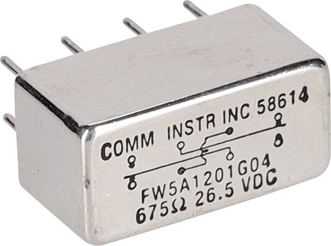 Prostokątny element elektroniczny z czterema pinami po jednej stronie. Etykieta zawiera szczegóły producenta, numer modelu, rezystancję 675Ω i parametry znamionowe 26,5 VDC.