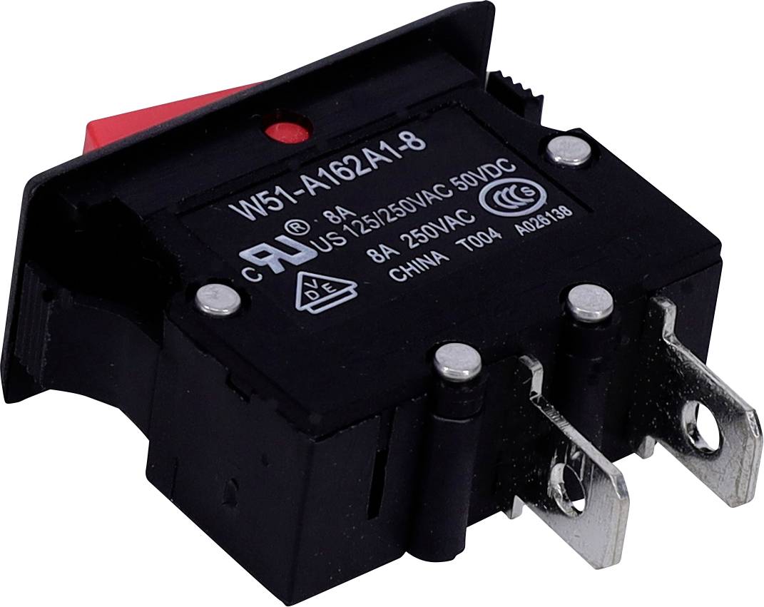 Czarno-czerwony wyłącznik nadprądowy 8A z metalowymi stykami, oznaczony 'W51-A162A1-8', przeznaczony do urządzeń elektrycznych o napięciu do 250VAC.