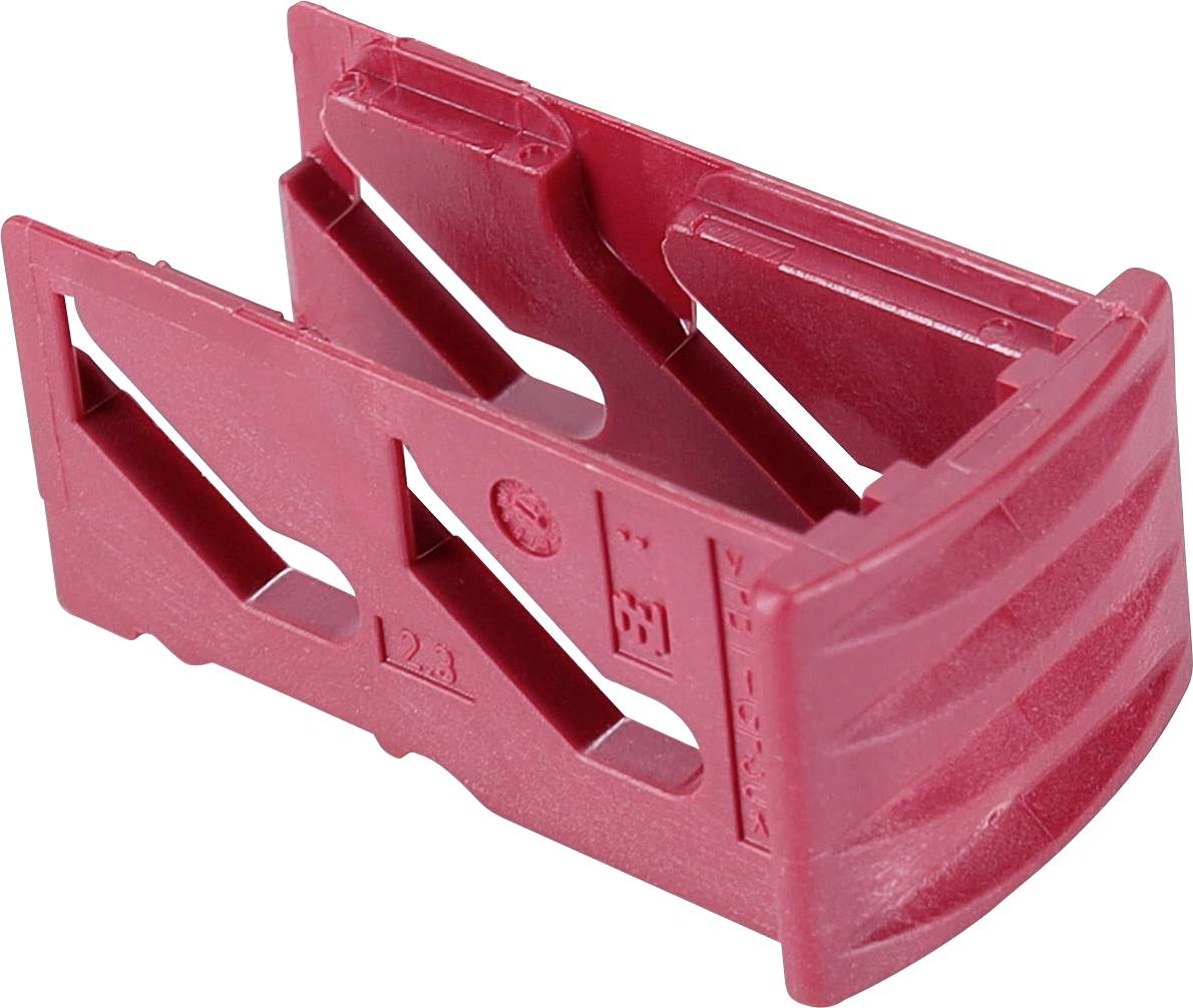 Czerwona plastikowa osłona narożna z ząbkowaną krawędzią i ukośnymi wspornikami, stosowana do zabezpieczania ostrych naroży lub krawędzi.
