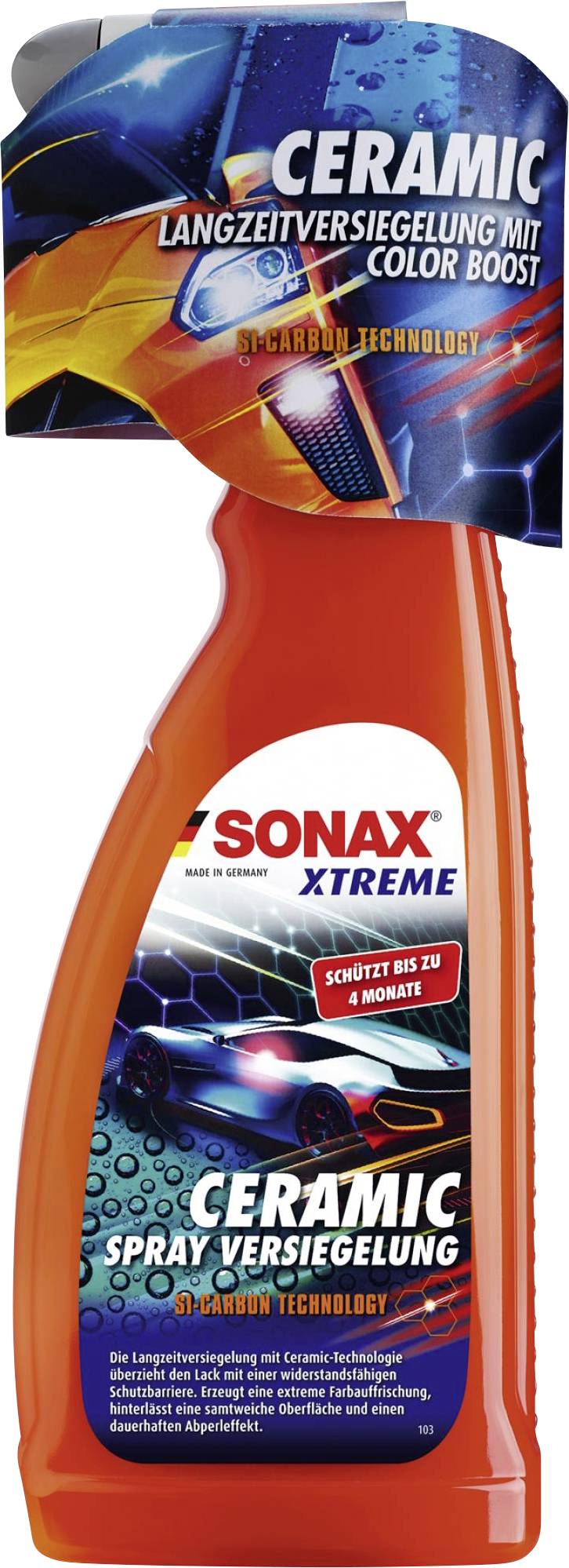 Butelka ze spryskiwaczem z nadrukiem 'Sonax Xtreme Ceramic Spray Versiegelung'. Reklamuje technologię ceramiczną zapewniającą długotrwałą ochronę lakieru.
