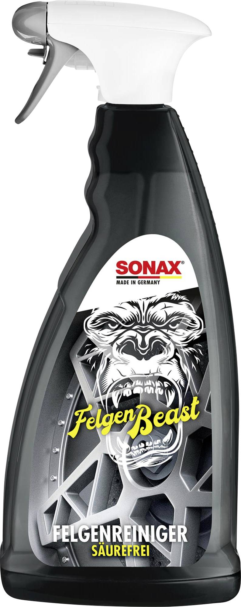 Butelka do czyszczenia felg marki Sonax z rozpylaczem, zawierająca środek czyszczący bez kwasów. Projekt opakowania przedstawia stylizowaną sylwetkę goryla.