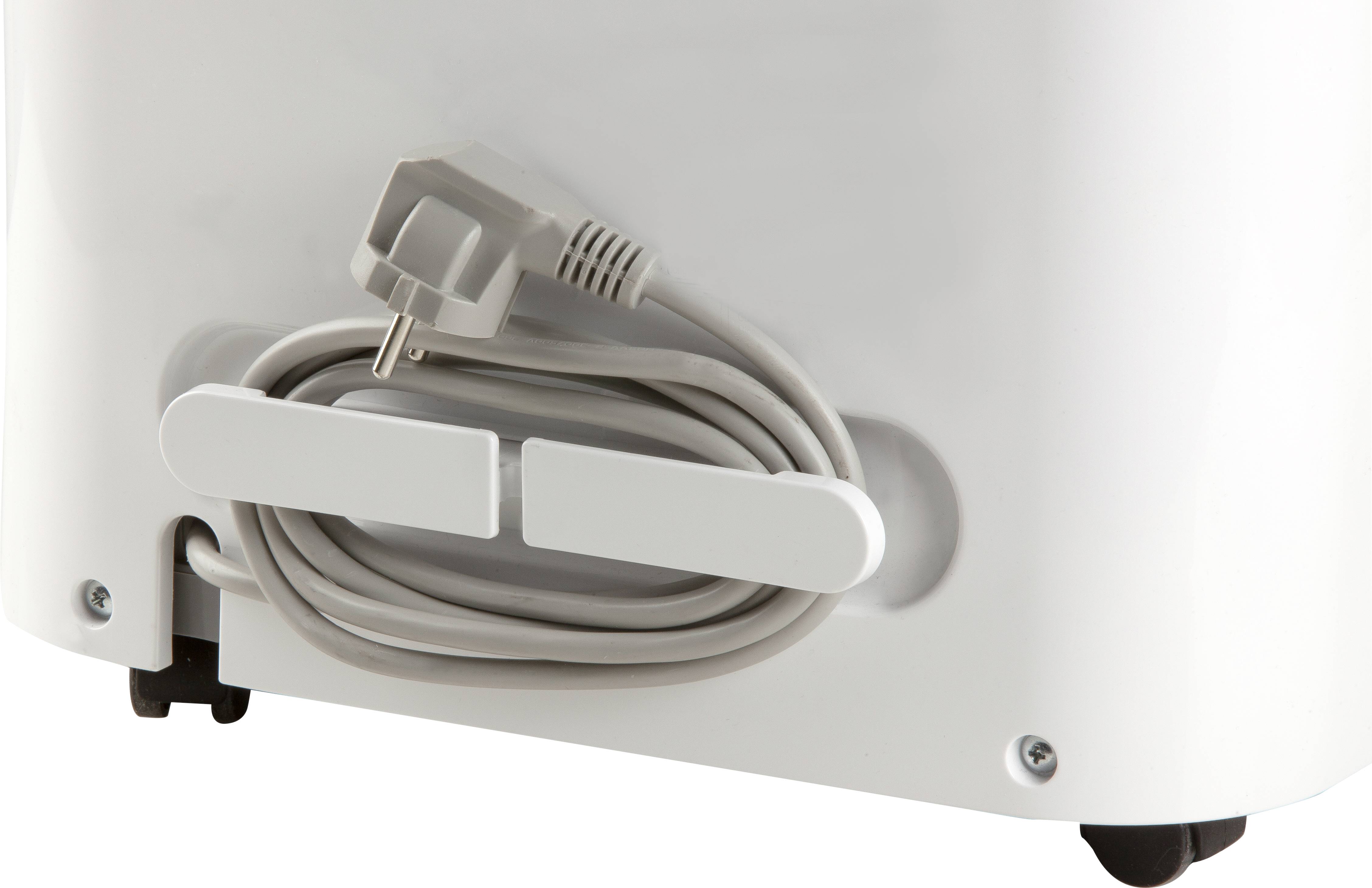Kabel zasilające urządzenia elektrycznego, starannie nawinięte na uchwycie, z wtyczką zamontowaną z tyłu białego urządzenia.