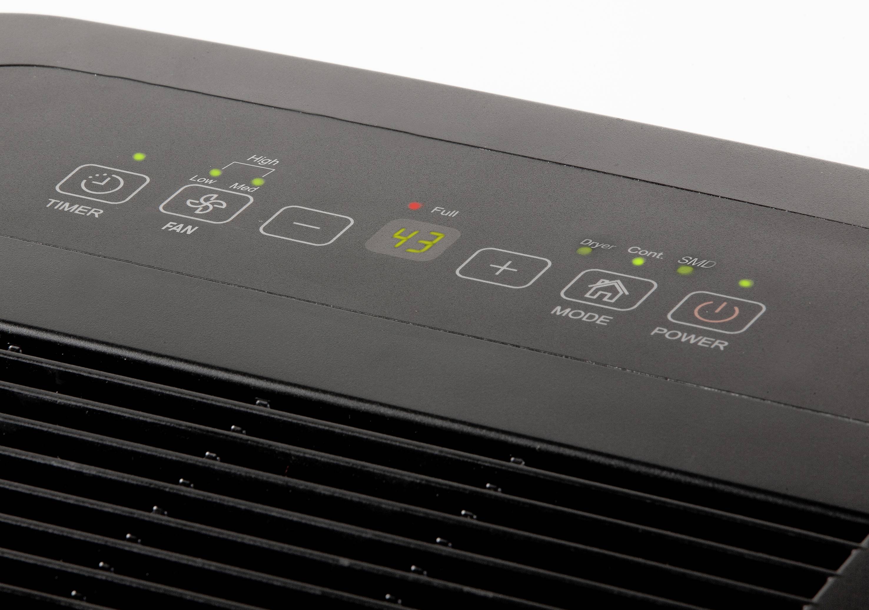 Obraz przedstawia panel sterowania osuszacza powietrza. Widoczne są symbole i wyświetlacz ze wskazaniem '43', otoczony przyciskami funkcyjnymi.