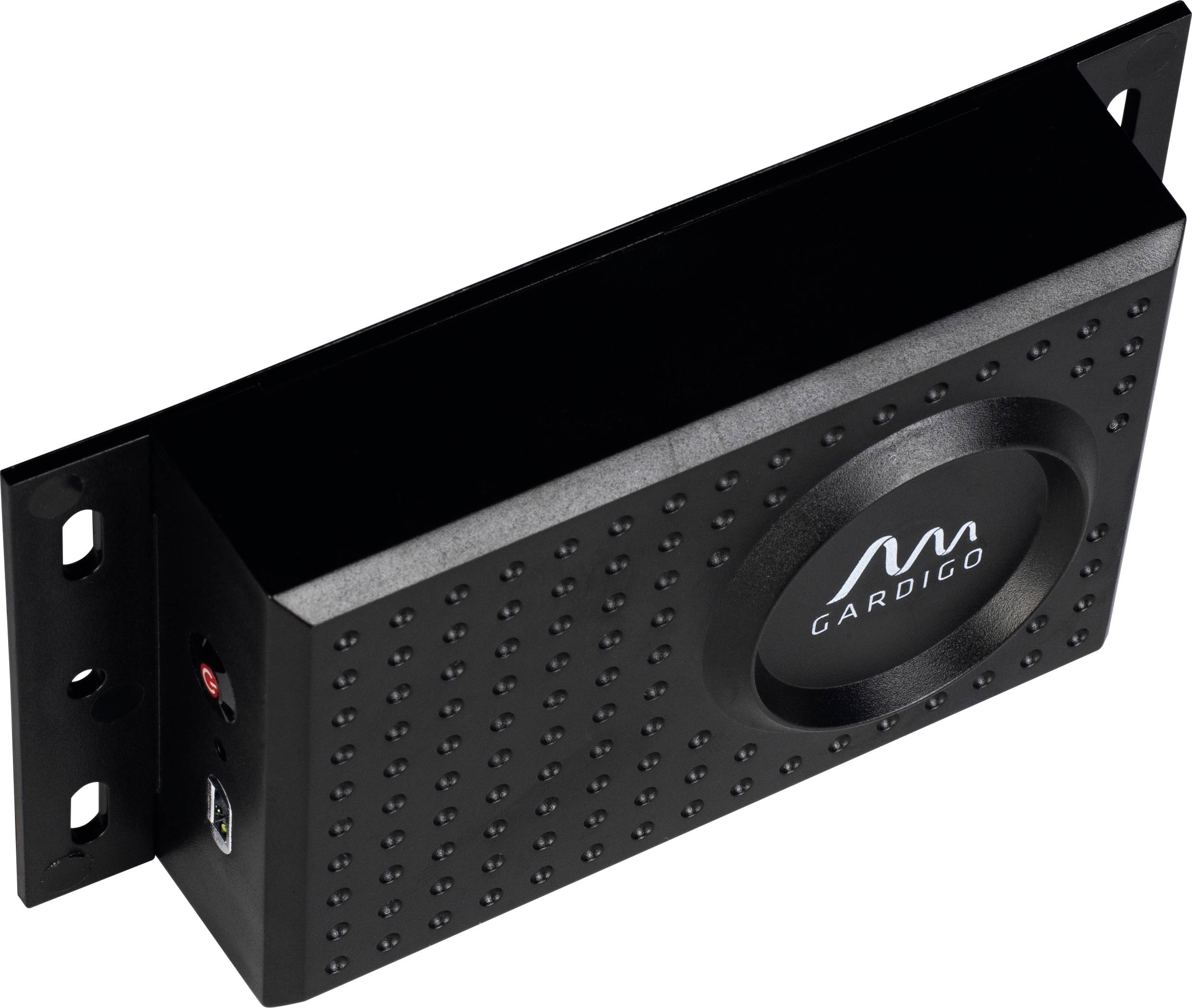 Czarne urządzenie elektroniczne z logo marki 'Gardigo' na przedniej stronie, prawdopodobnie urządzenie ultradźwiękowe do zwalczania szkodników.