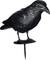 Plastikowa figurka czarnej wrony z dokładnie odwzorowaną strukturą piór, stojąca na metalowym szpiciu wbitym w ziemię.