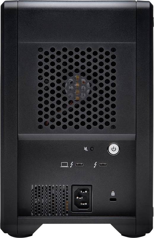 Tylna część czarnej obudowy komputera z kratką wentylacyjną, dwoma złączami USB-C, włącznikiem zasilania i gniazdem zasilającym.