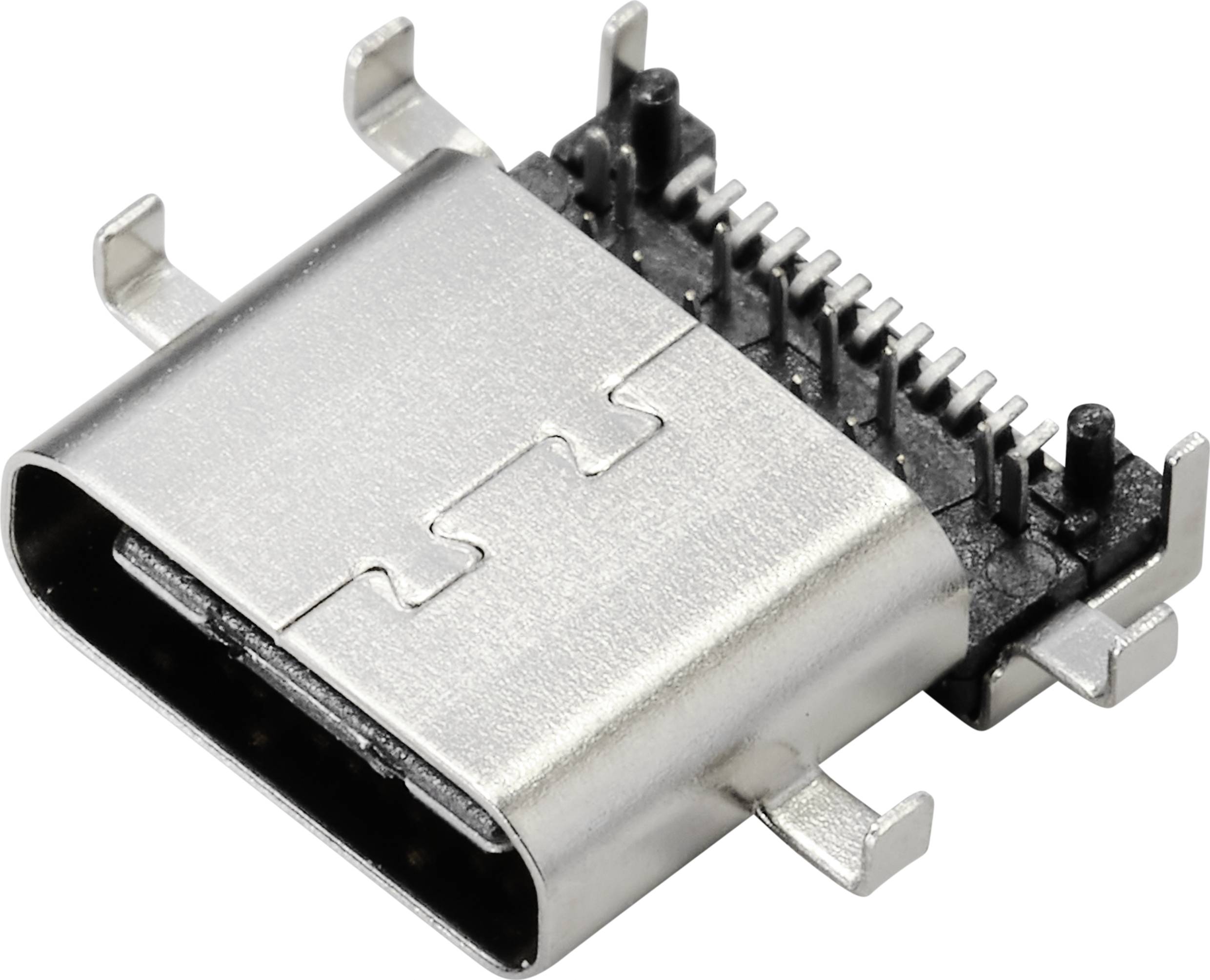 Metalowy wtyk USB-C z wieloma pinami wystawającymi bocznie, przedstawiony na białym tle.