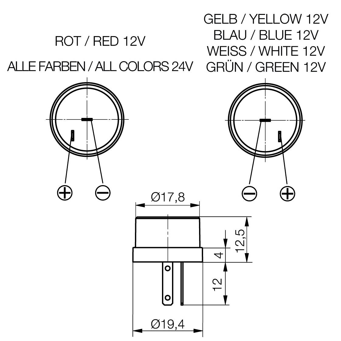 Rysunek techniczny okrągłych elementów elektronicznych z wymiarami. Opisane: 'CZERWONY/RED 12V', 'WSZYSTKIE KOLORY/ALL COLORS 24V'.