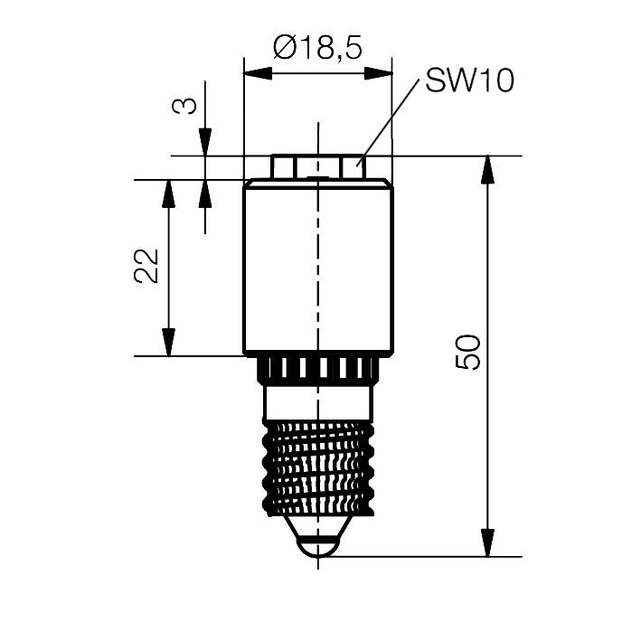 Rysunek techniczny cylindra z wymiarami: całkowita długość 50 mm, średnica 18,5 mm, szerokość klucza SW10, wysokość 22 mm.