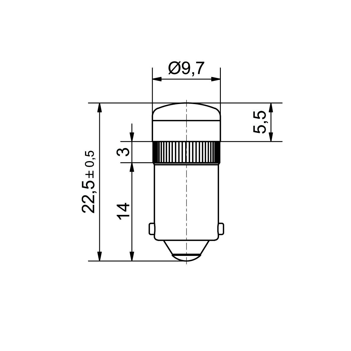 Rysunek techniczny żarówki. Wysokość: 22,5 ± 0,5 mm, średnica: 9,7 mm. Wymiary i kształt lampy są określone.