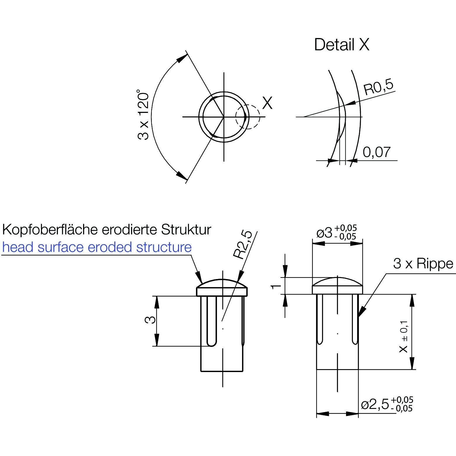 Rysunek techniczny elementu z detalem X, przedstawiający wymiary i struktury, w tym erodowaną powierzchnię górną oraz żebra.
