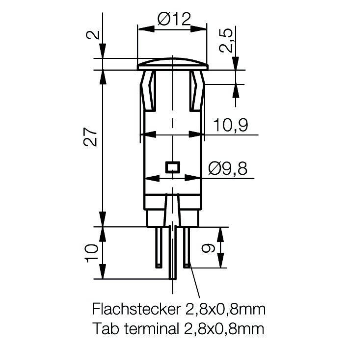 Rysunek wtyczki płaskiej z wymiarami: długość 27 mm, średnica 9,8 mm i 12 mm. Styk terminalowy: 2,8 x 0,8 mm.