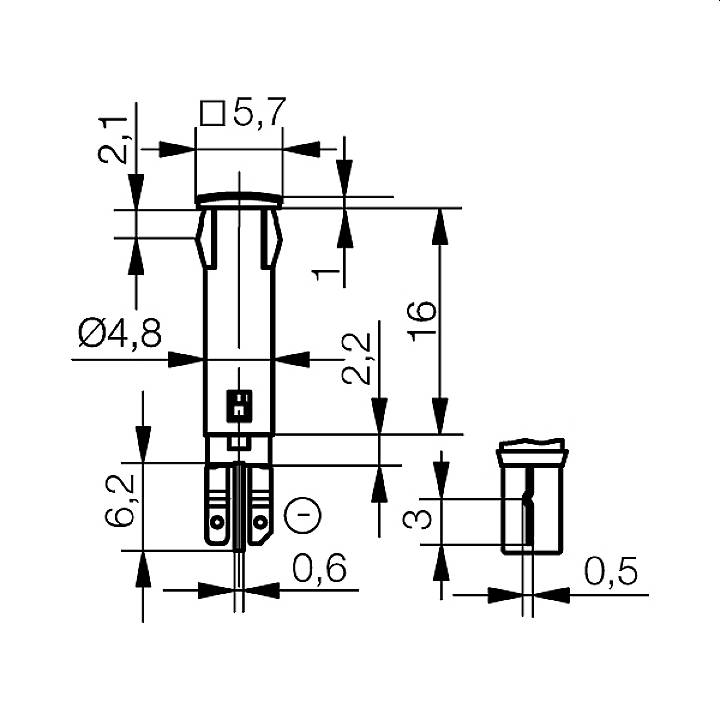 Rysunek techniczny wtyczki z wymiarami w milimetrach. Główne wymiary: średnica 4,8 mm, długość 16 mm, rozstaw pinów 5,7 mm.