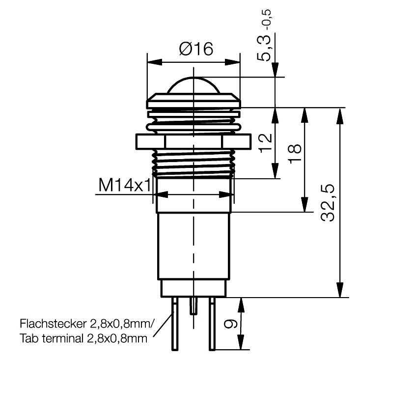 Rysunek techniczny przełącznika z wymiarami: średnica 16 mm, całkowita długość 32,5 mm, gwint M14x1, płaski wtyk 2,8x0,8 mm.