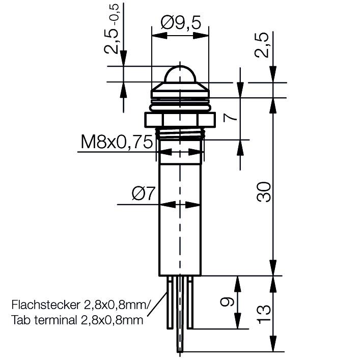 Rysunek techniczny złącza TAB z gwintem M8x0,75. Wymiary: długość całkowita 30 mm, średnica główki 9,5 mm, wtyk 2,8x0,8 mm.