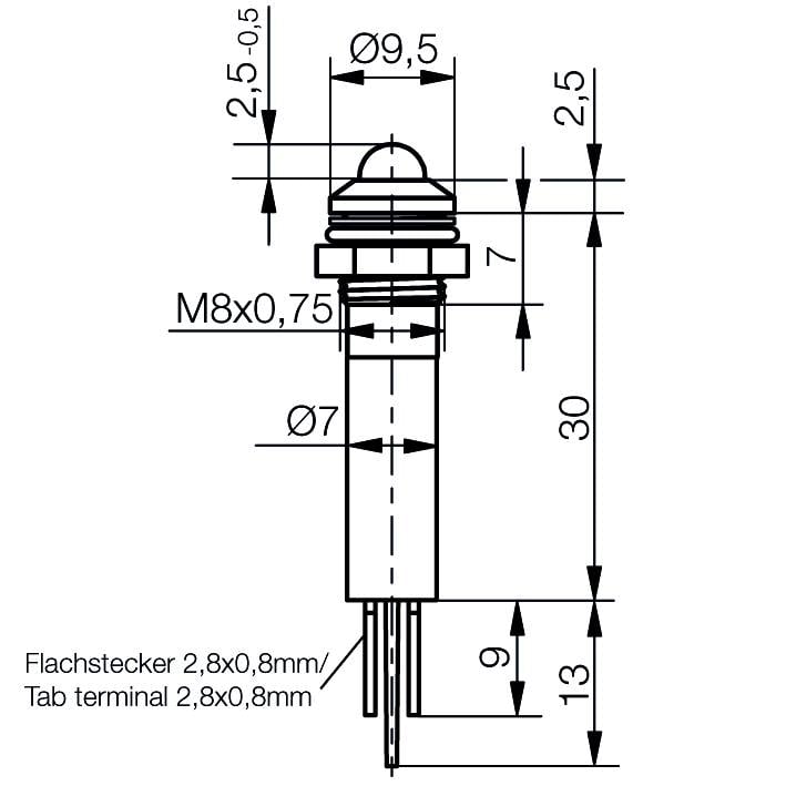 Rysunek techniczny z wymiarami elementu elektrycznego: gwint M8x0,75, średnica główki Ø9,5 mm, wtyk płaski 2,8x0,8 mm.